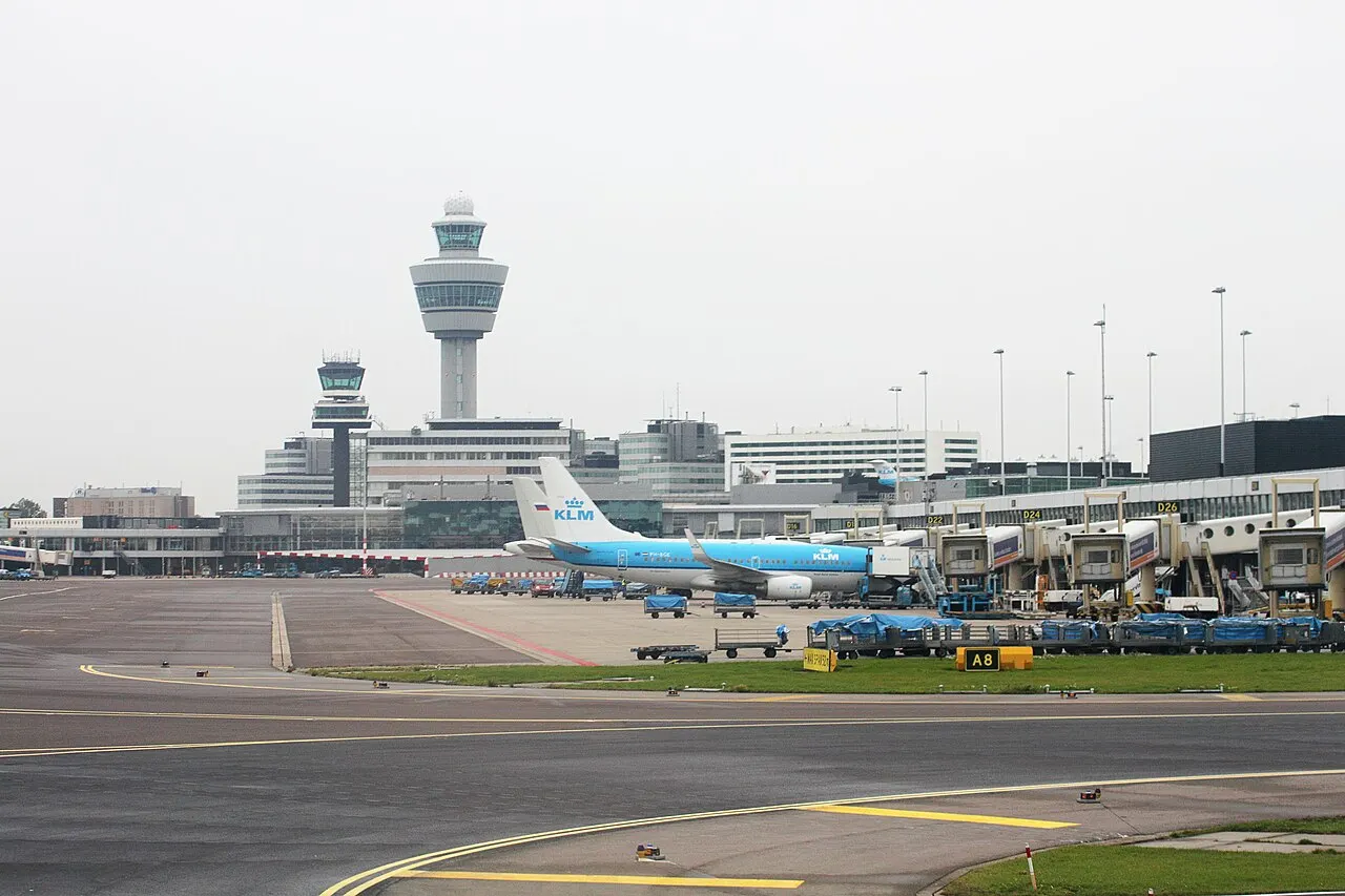 The control tower and the airfield, with a KLM aircraft