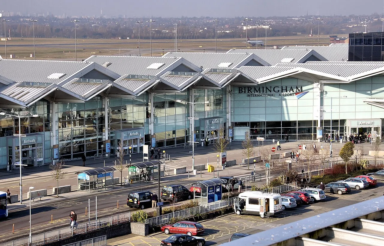 The main entrance of the terminal, with the car park in front