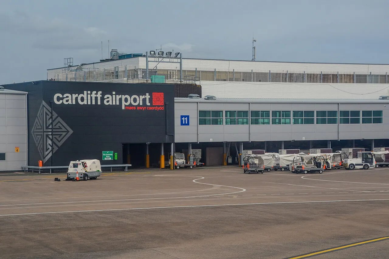 The terminal façade with the Cardiff Airport sign