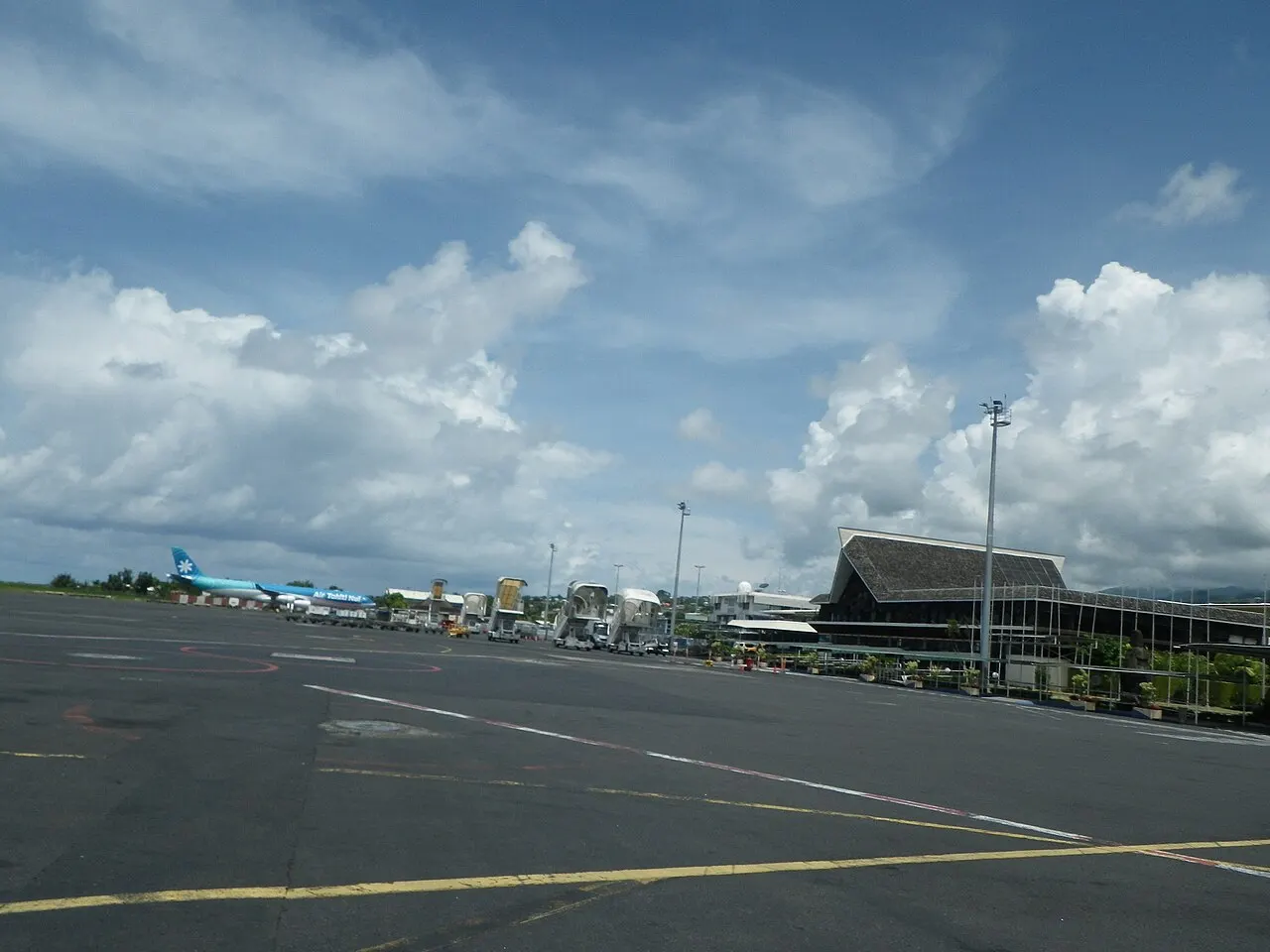 The terminal's inner courtyard with a café
