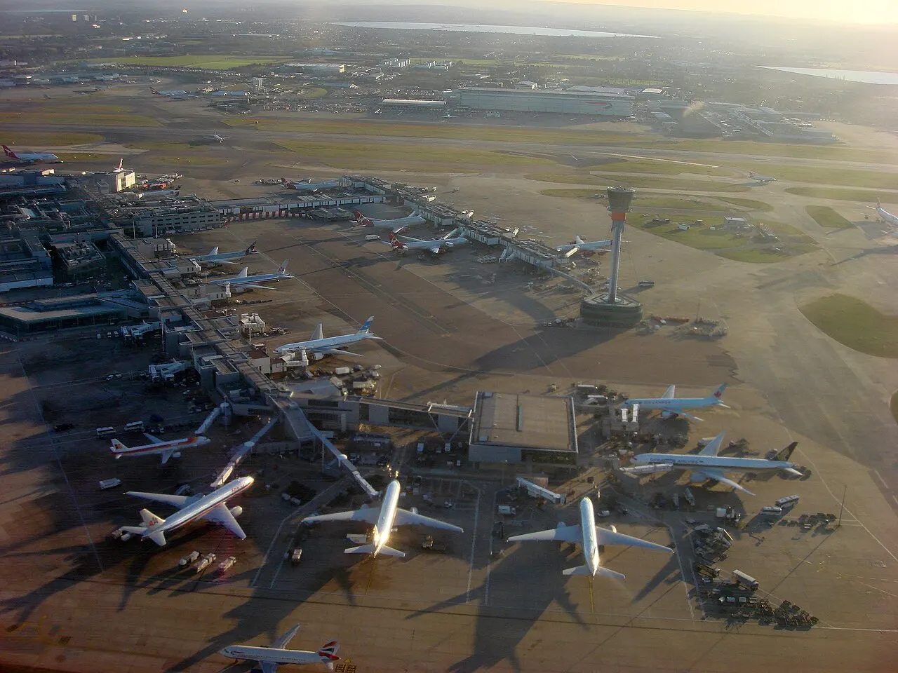 The airport from the air, with the control tower and terminals