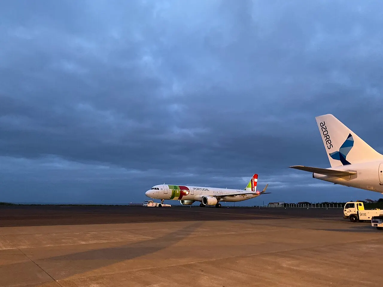 Aviones de TAP y de Azores Airlines en la plataforma al anochecer