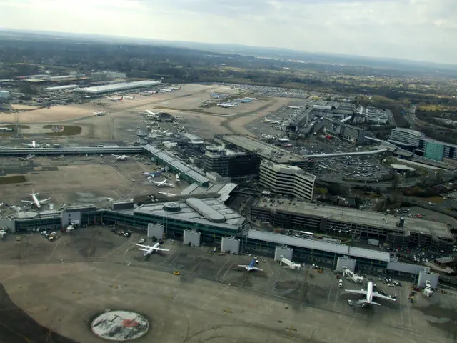 The terminals seen from the air, with the runways behind