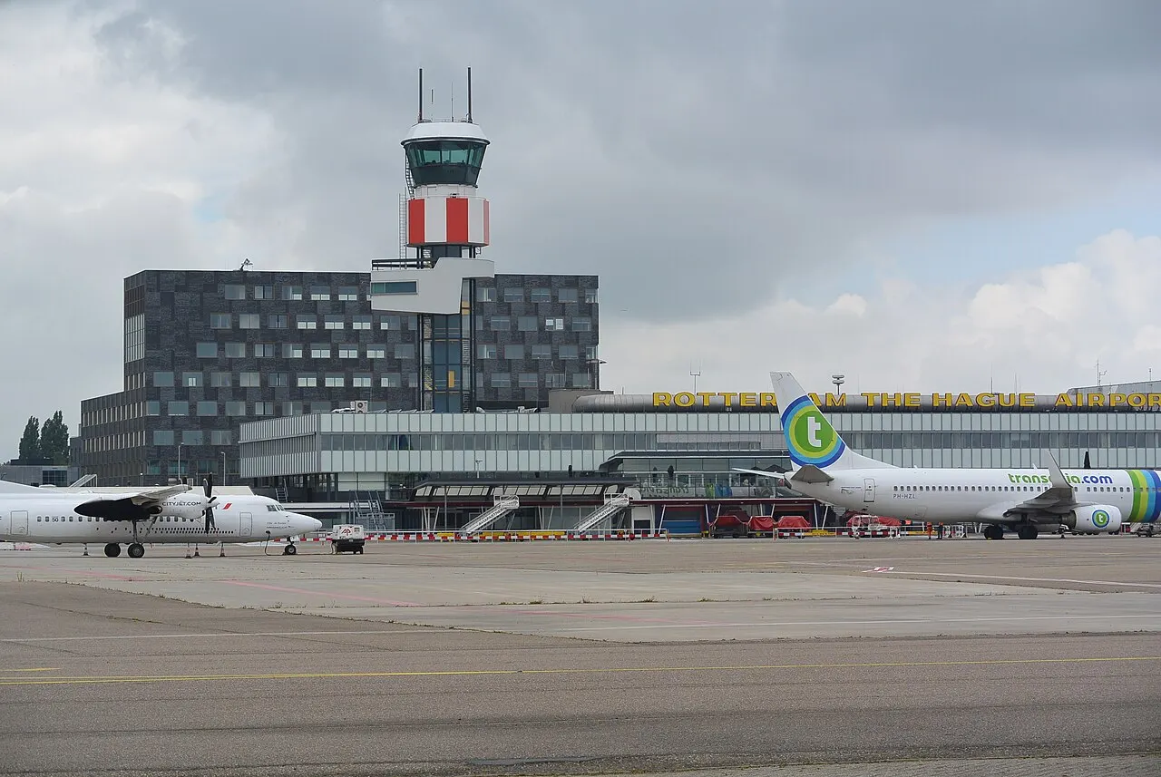 The terminal building and control tower, with aircraft on the apron