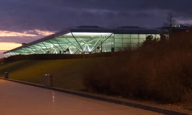 The terminal building at dusk