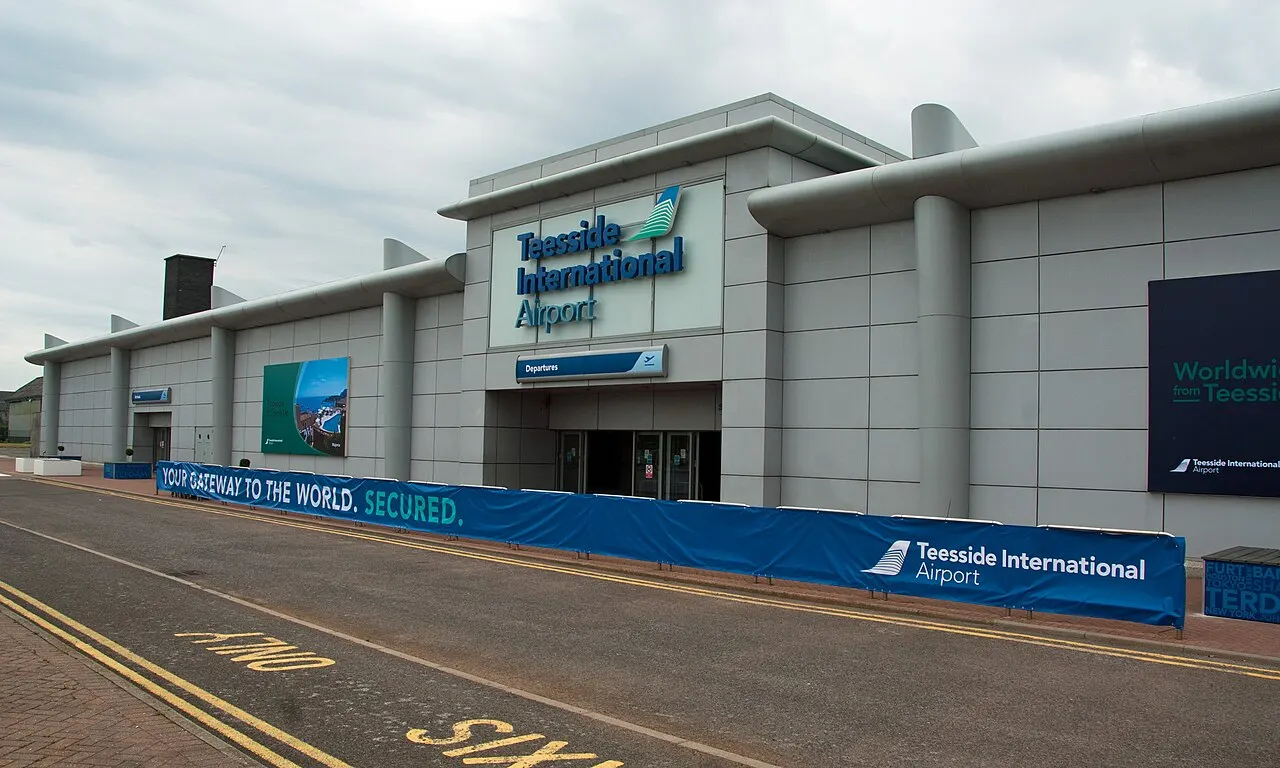 The terminal façade with Teesside International branding