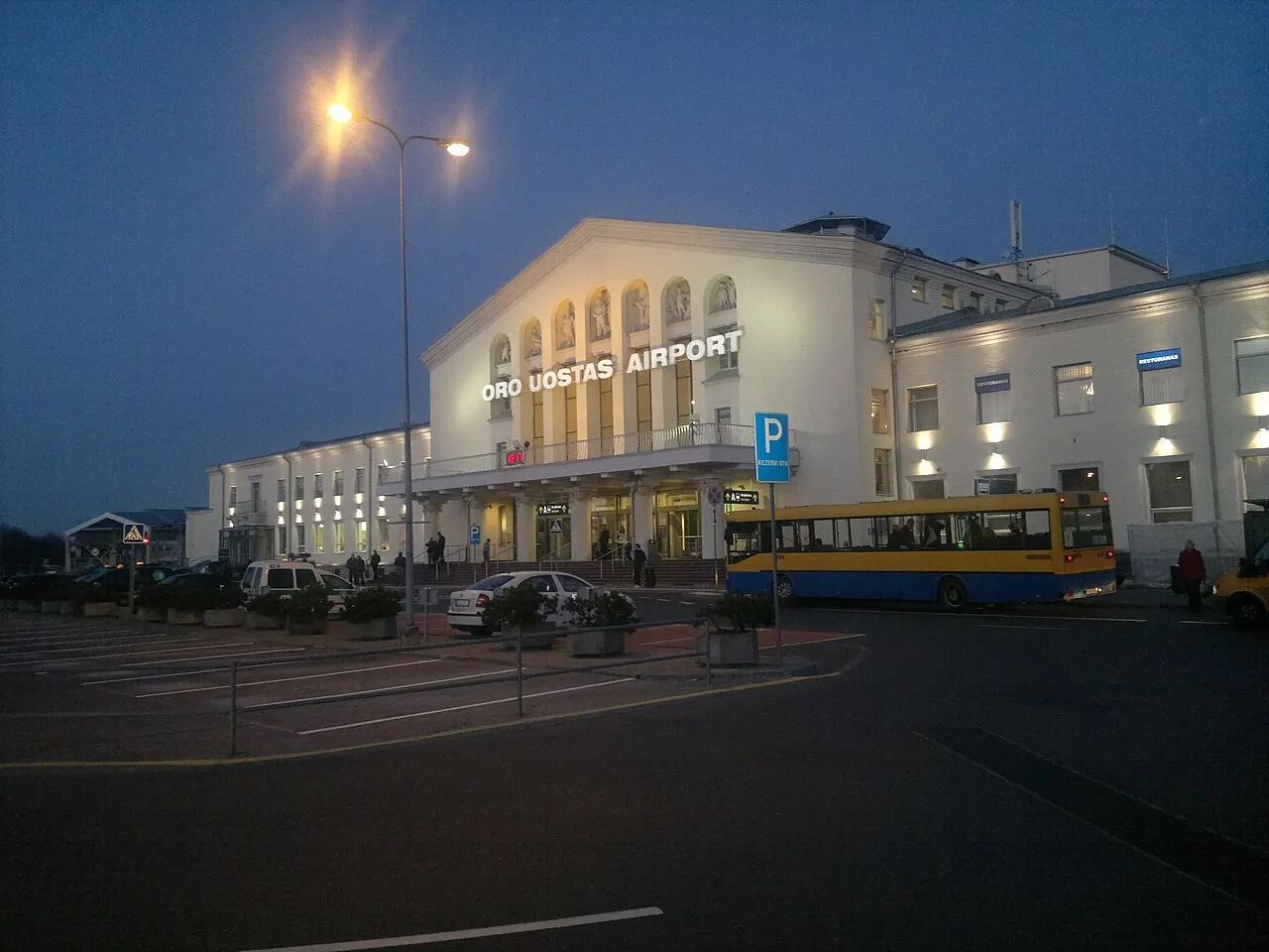 The terminal building at dusk
